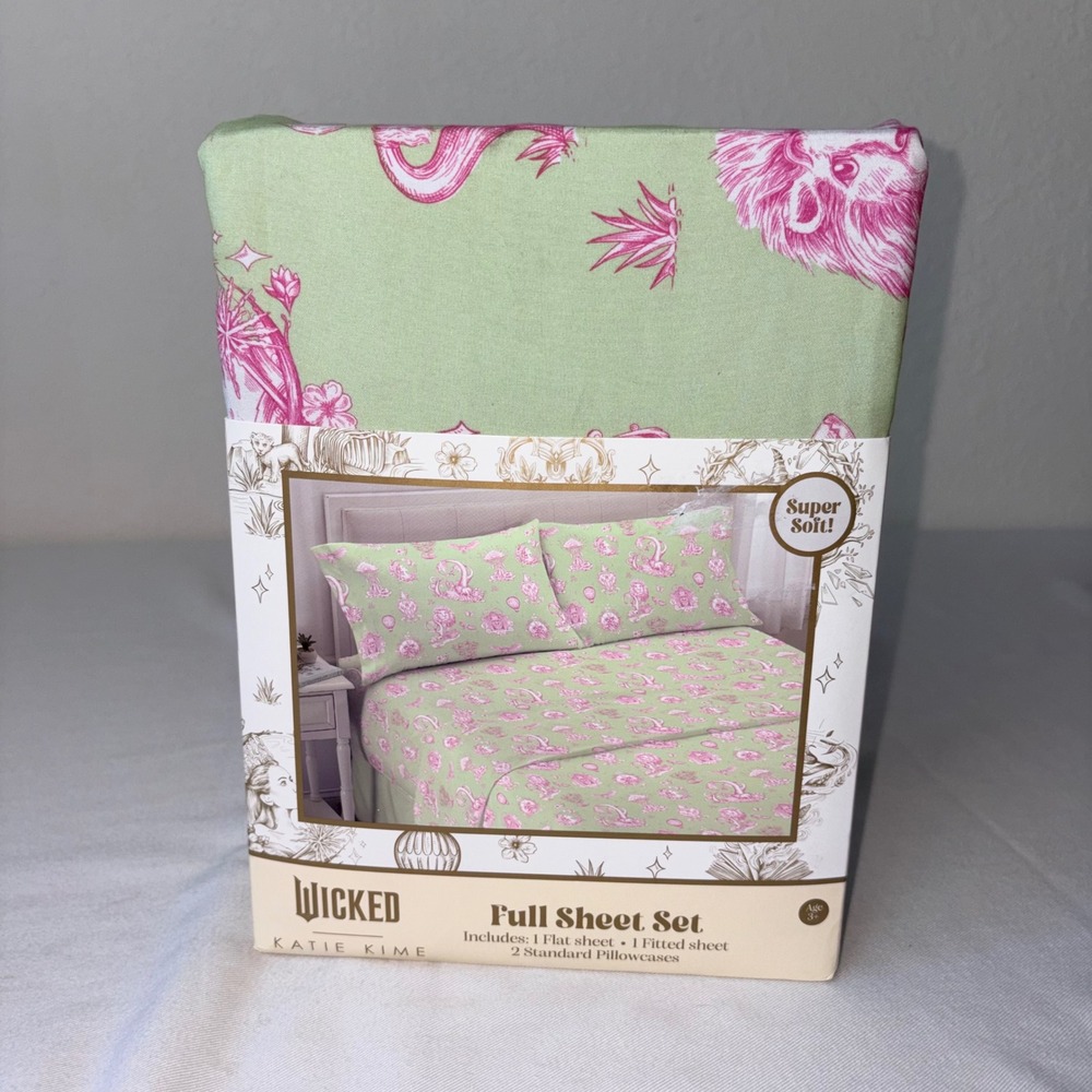 Wicked Katie Kime Full Sheet Set Nod to Dorothy Green Pink Toile 4pc New